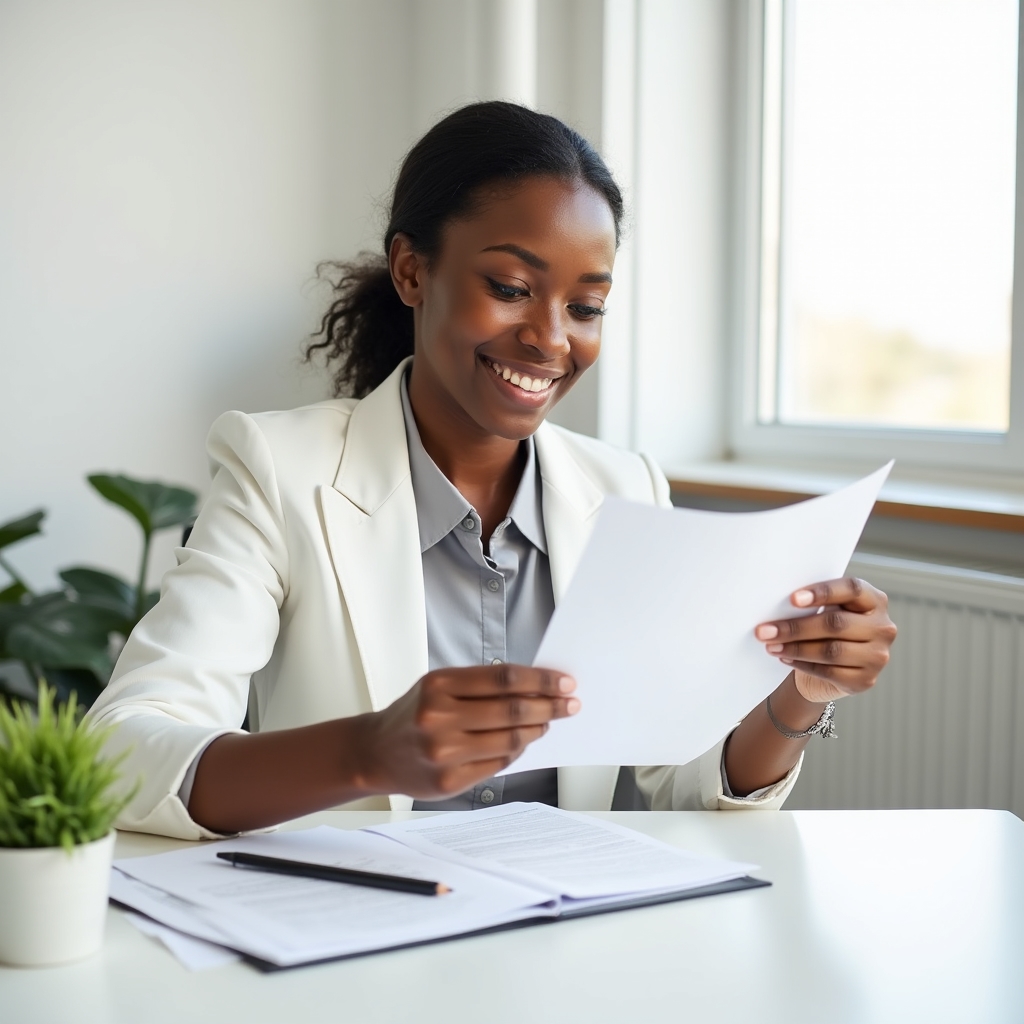 Curriculum designer reviewing course materials at a minimalist desk setup with natural lighting