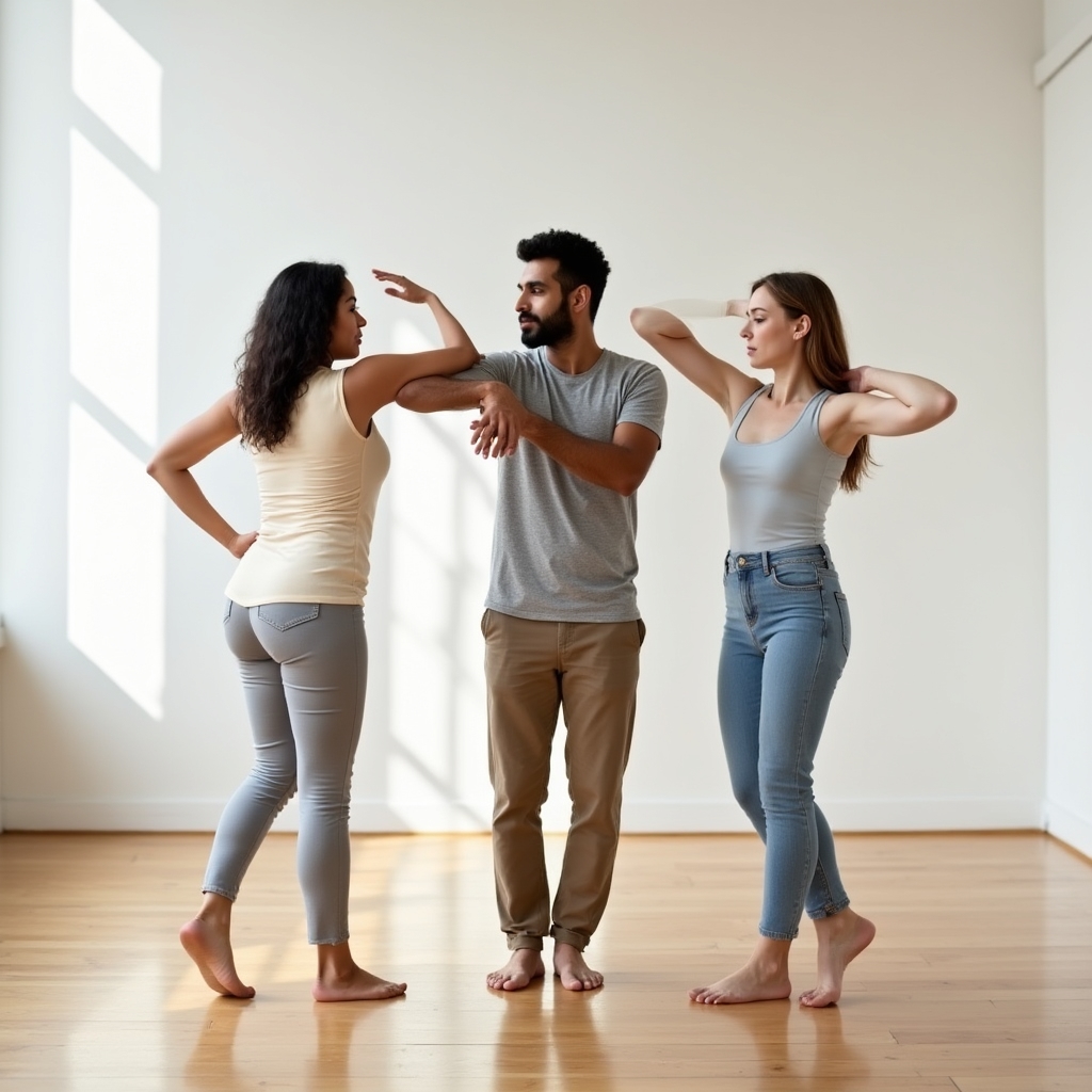 Small group of professionals exploring movement education concepts in a modern studio