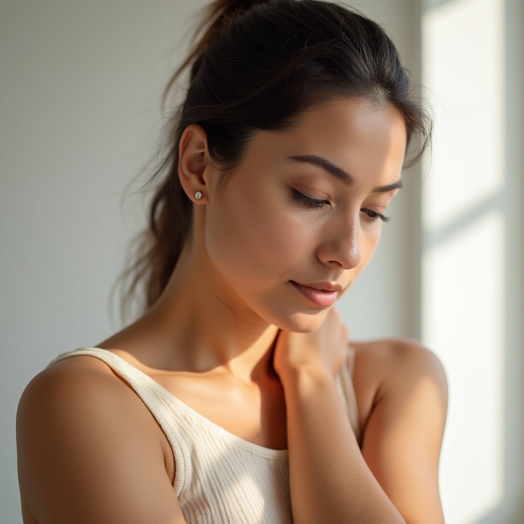 Close-up of a person performing a gentle movement quality stretch focusing on shoulder alignment