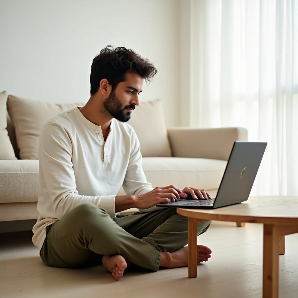 Person engaged with an online movement course on a laptop in a bright home workspace