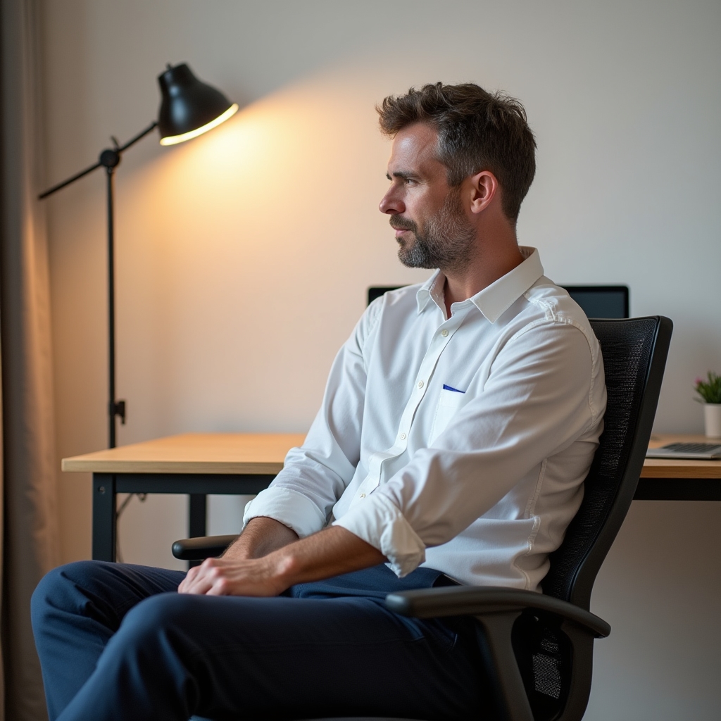 Person exploring seated movement exercises at a workstation with natural lighting