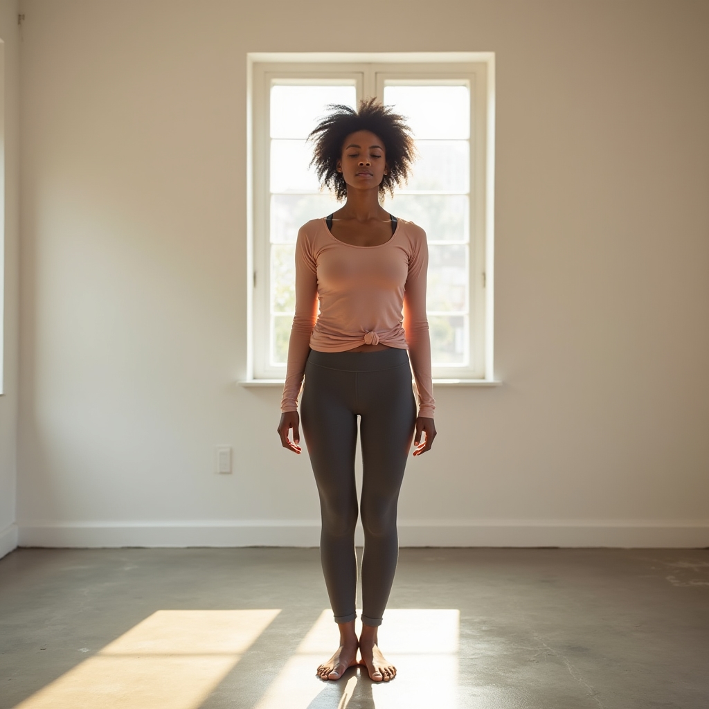 Person practicing standing alignment with relaxed upright posture in a minimal space